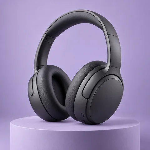 Graphite wireless headphones against a lavender studio background
