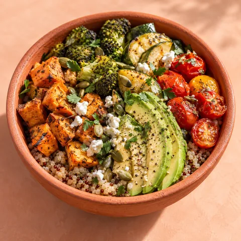 Roasted vegetables, avocado and grains in a ceramic bowl