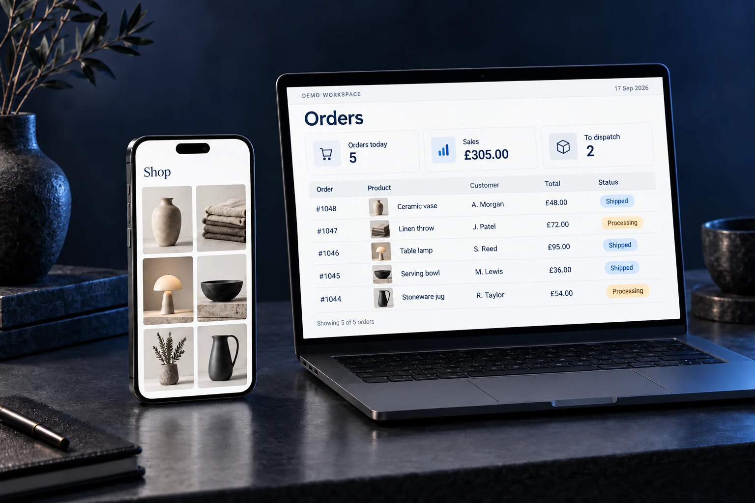 Mobile shop beside a laptop showing sample product orders, customer initials, prices and fulfilment statuses