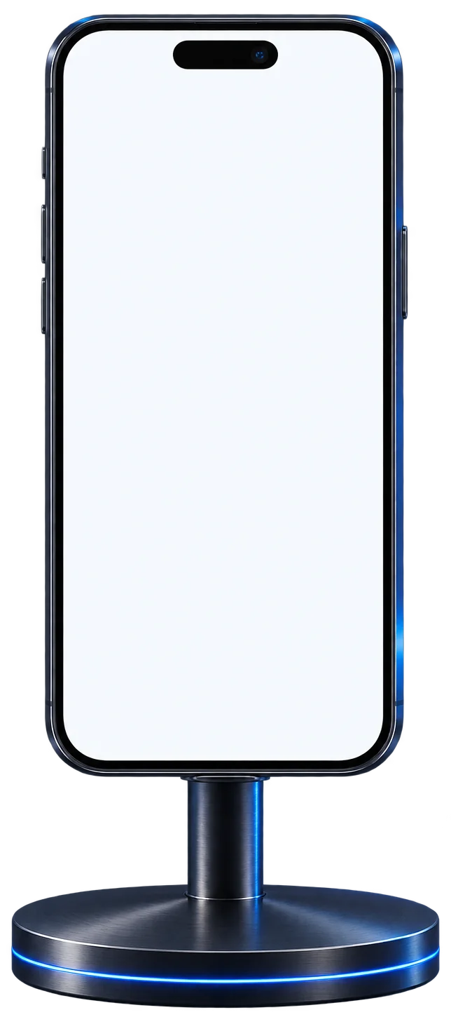 Titanium smartphone on an illuminated blue desktop stand