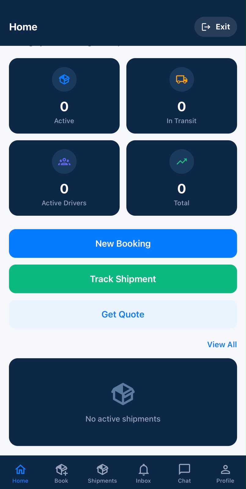Wole Cargo home dashboard with booking, tracking and quote actions, zero-count status cards and no active shipments.