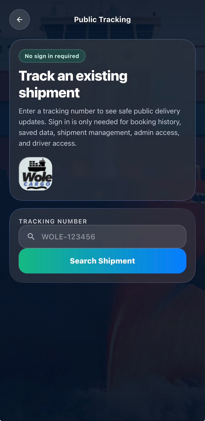 Wole Cargo public tracking screen with a tracking-number field and Search Shipment button.