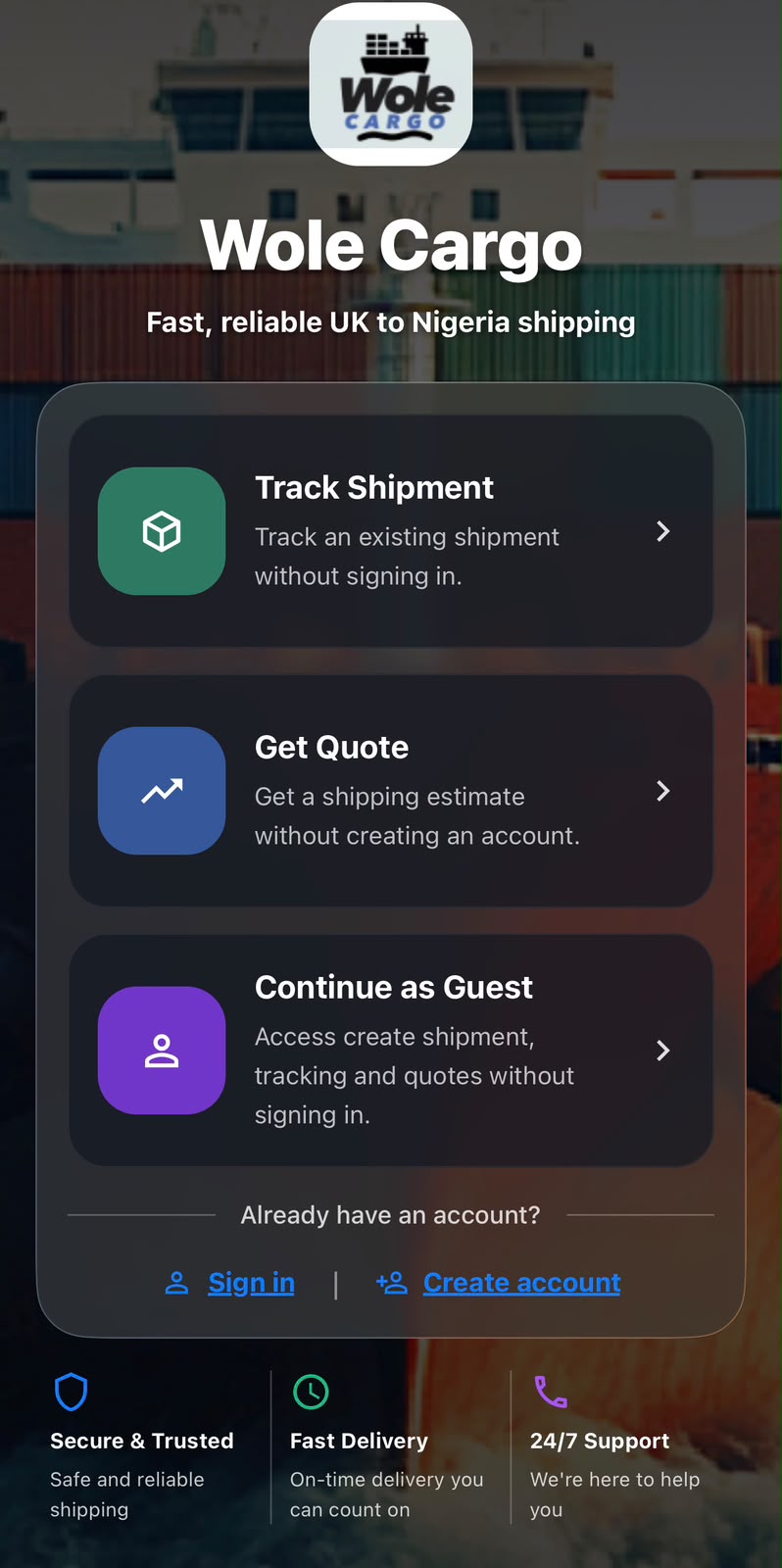 Wole Cargo welcome screen with shipment tracking, shipping quotes, guest access and account sign-in.